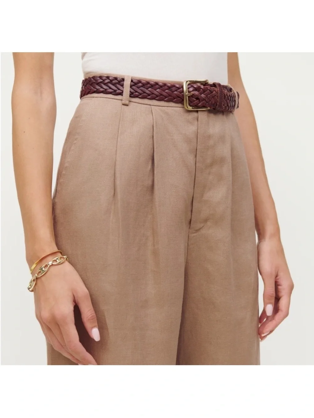 NWT Reformation Vesta Linen Straight-Leg Pants Khaki Brown 4